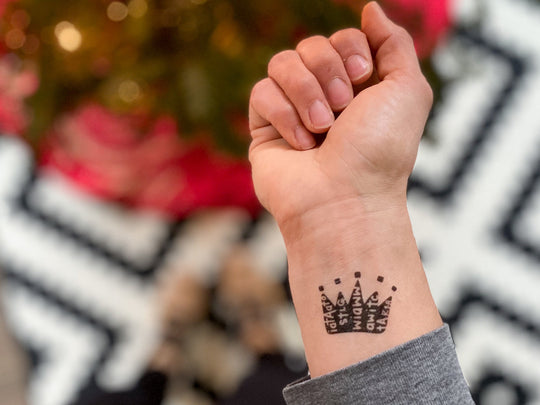 crown tattoo, black and white rug, christmas tree, revelation 1:8, temporary tattoo