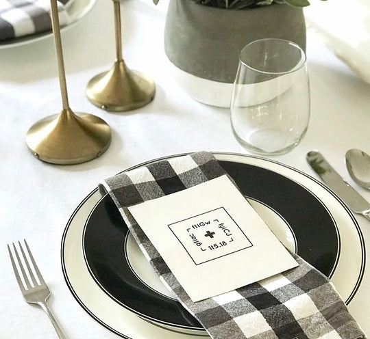 give thanks, in christ, grateful heart, thanksgiving table, table setting, buffalo plaid, stemless wineglass, cloth napkin, fine china, table setting, dwell, dwell differ